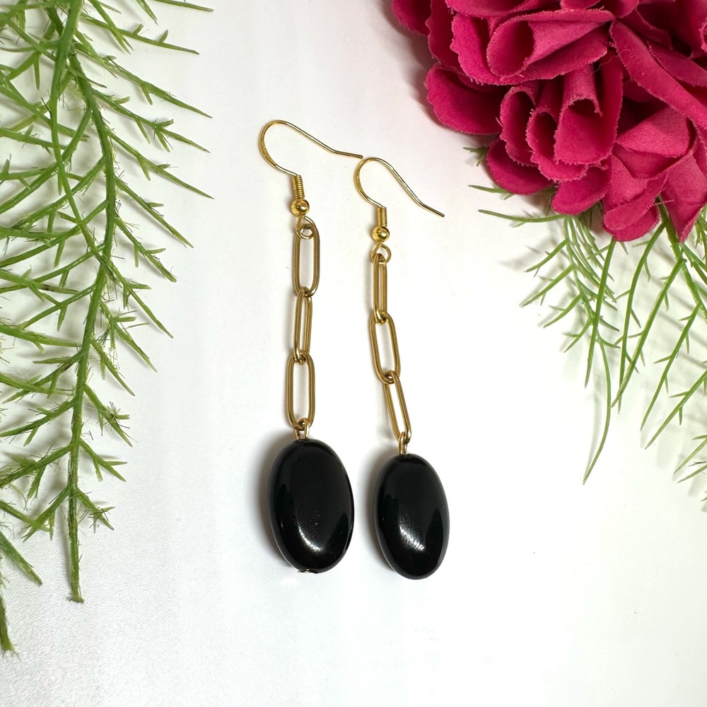 NEW⚜️Onyx Oval Bead Chain Dangly Earrings